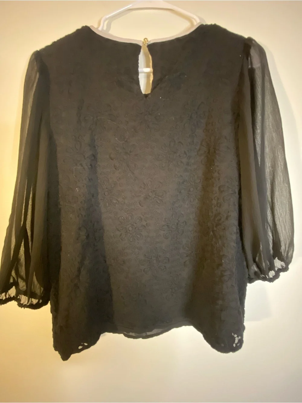 CeCe Black Floral Lace Blouse with Cream Neck Tie